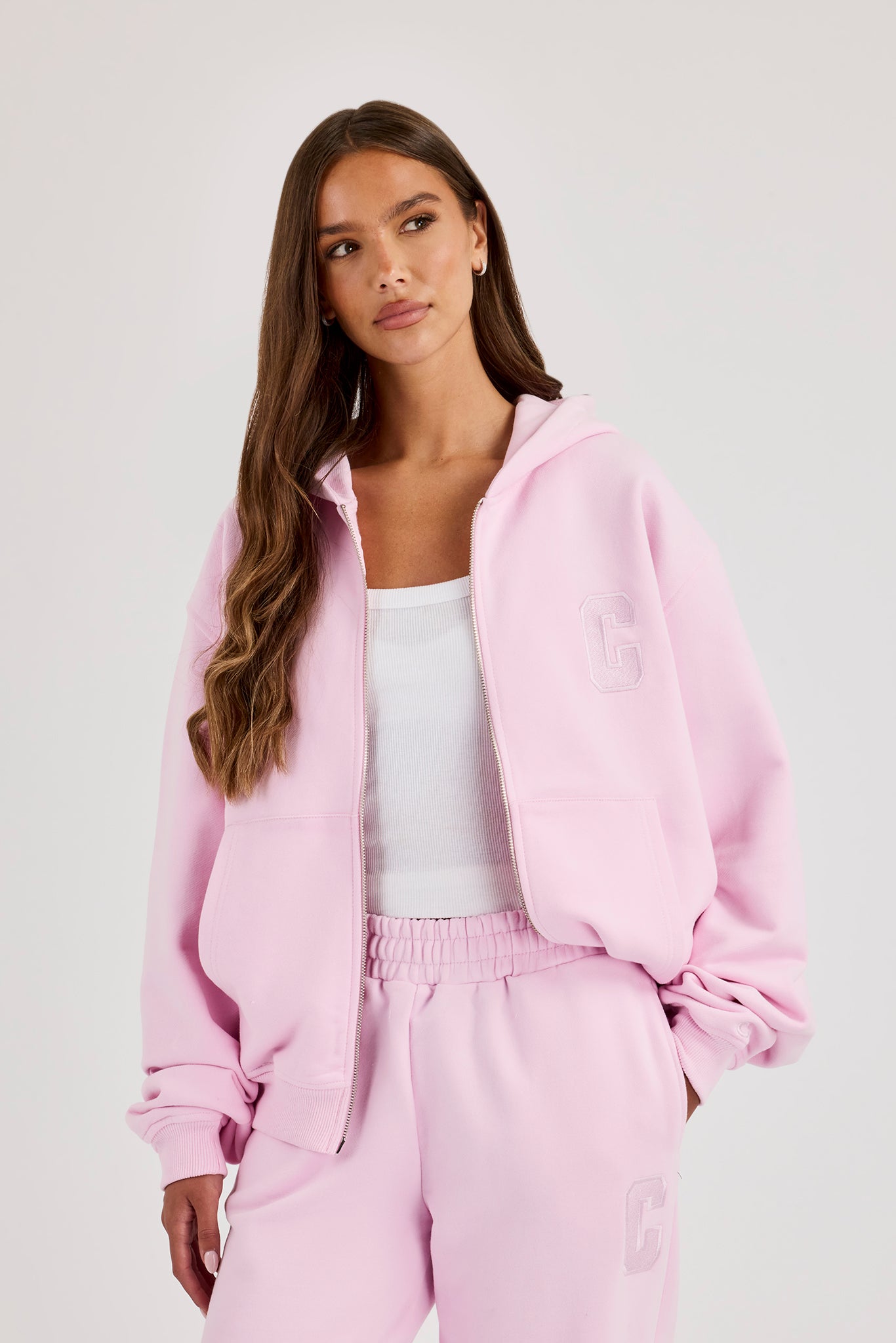 Embroidered C Zip Through Hoodie - Pink